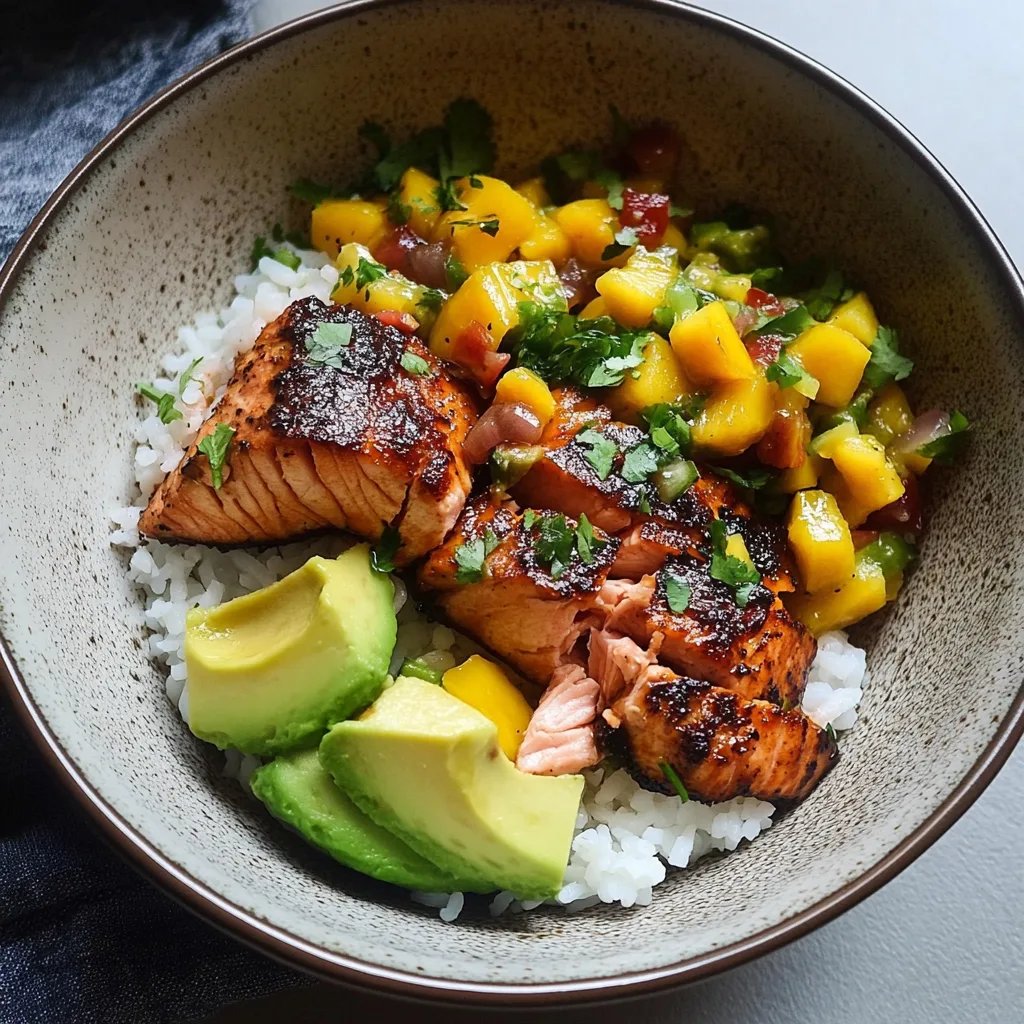 BBQ Salmon Bowls with Mango Avocado Salsa