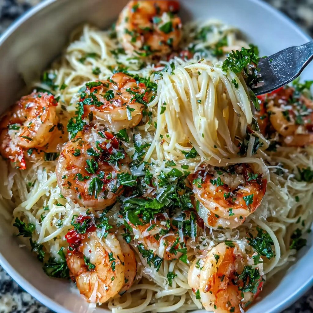 Angel Hair Pasta With Garlic Cream Shrimp